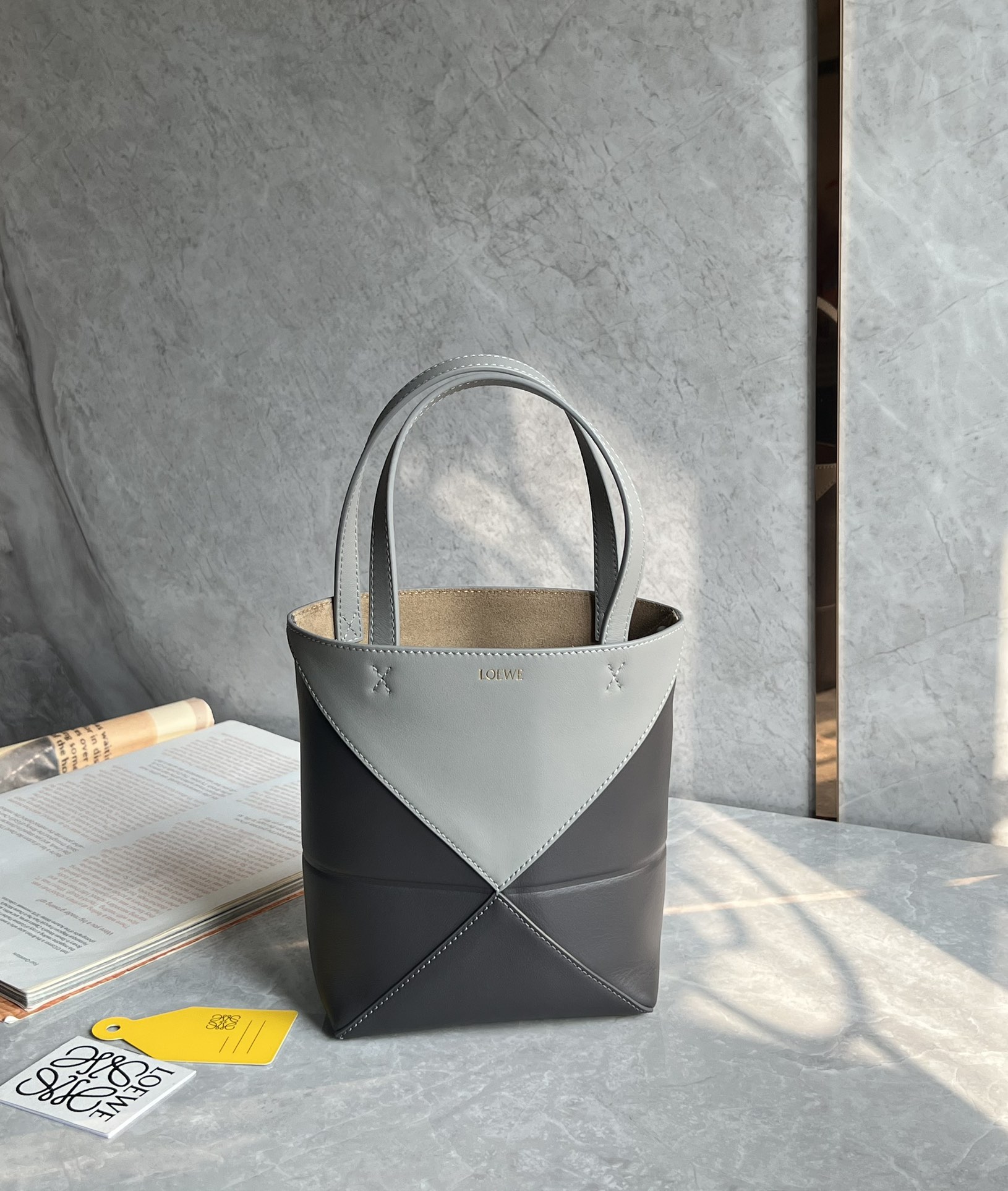 Loewe Mini Puzzle Fold Tote in Shiny Calfskin Grey/Dark Grey